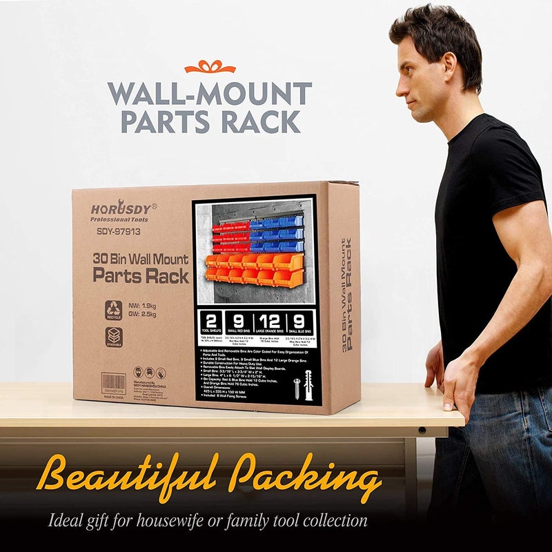 HORUSDY Wall Mounted Storage Bins Parts Rack 30PC Organizer Garage Plastic Shop Tool for Men's Gift, Blue,Orange,Red - Image 2