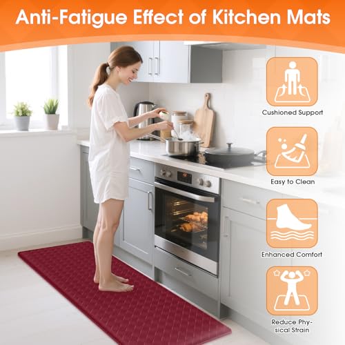 TranquilRelax Kitchen Mats, 2PCS Kitchen Rugs, Cushioned Anti Fatigue Kitchen Mats for Floor, Non-Slip Standing Desk Mat, Waterproof Kitchen Rug Set for Kitchen, Floor, Office,17.3"×30"+17.3"×47",Red - Image 2