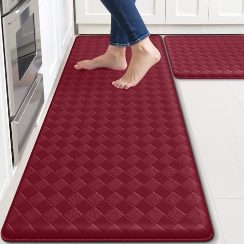 TranquilRelax Kitchen Mats, 2PCS Kitchen Rugs, Cushioned Anti Fatigue Kitchen Mats for Floor, Non-Slip Standing Desk Mat, Waterproof Kitchen Rug Set for Kitchen, Floor, Office,17.3"×30"+17.3"×47",Red - Image 1