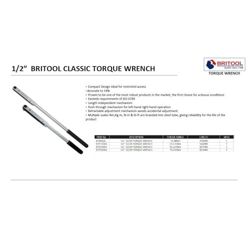 Britool Evt600A 1/2'' Square Drive Torque Wrench -12Nm To 68Nm, 1/2''-476Mm, Fixed Square - Image 5