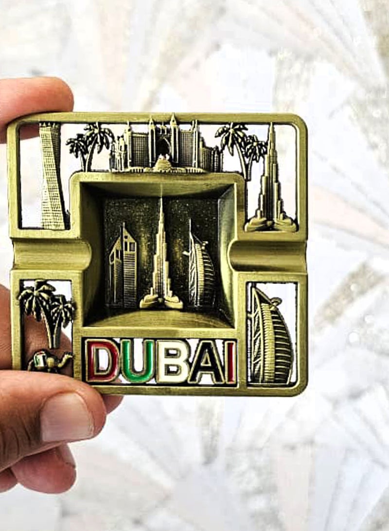 Souvenir Souq 2pcs Dubai Skyline Metal Ashtray Made of Zinc Alloy – UAE Flag Colors with Burj Al Arab, Burj Khalifa Atlantis, Camel & Palm Tree, Greenish & Antique  color finish - Image 5
