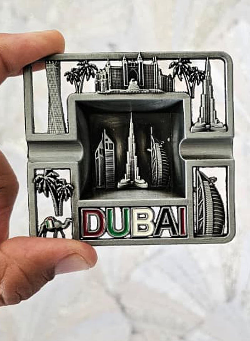 Souvenir Souq 2pcs Dubai Skyline Metal Ashtray Made of Zinc Alloy – UAE Flag Colors with Burj Al Arab, Burj Khalifa Atlantis, Camel & Palm Tree, Greenish & Antique  color finish - Image 3