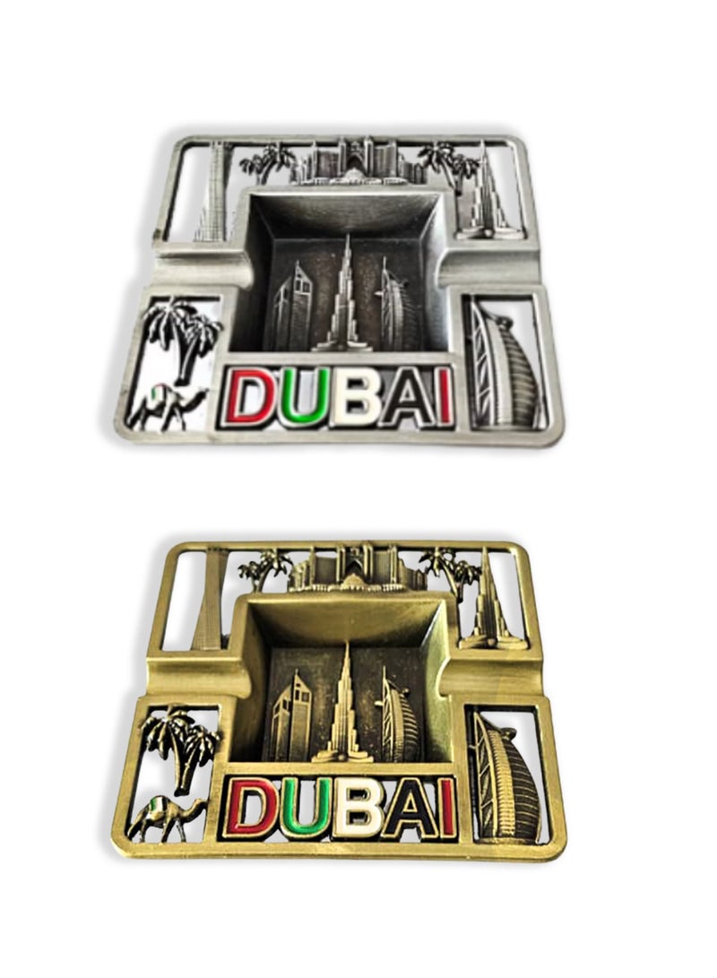 Souvenir Souq 2pcs Dubai Skyline Metal Ashtray Made of Zinc Alloy – UAE Flag Colors with Burj Al Arab, Burj Khalifa Atlantis, Camel & Palm Tree, Greenish & Antique  color finish - Image 1