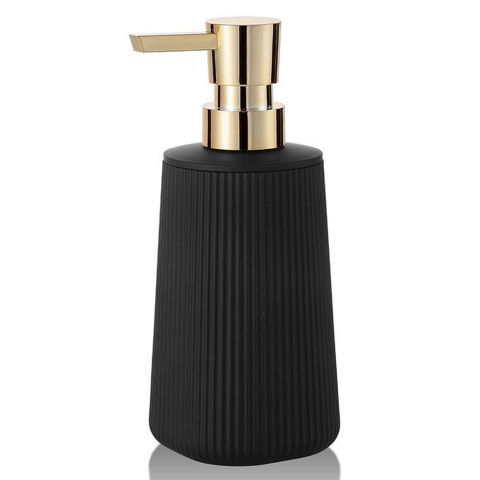 SMALL SOAP DISPENSER FOR BATHROOM AND KITCHEN MODERN FARMHOUSE STRIPED STYLE PLASTIC HAND SOAP DISH SOAP DISPENSER WITH PUMP MATTE BLACK AND GOLD
