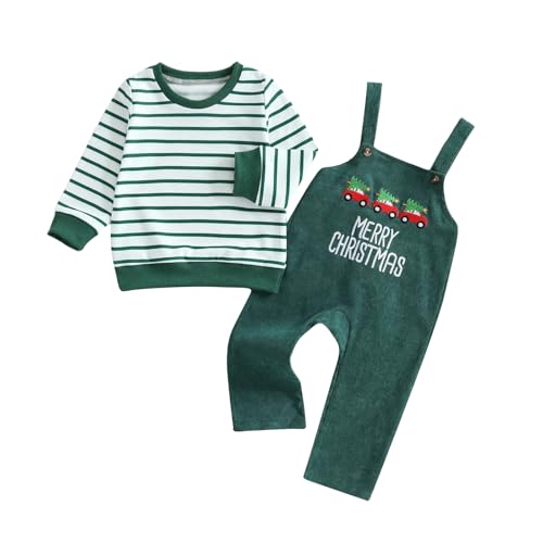 MERSARIPHY Toddler Baby Boys Halloween Outfits Stripe Shirt Sweatshirt + Overalls Little Pumpkin Boo Fall Winter Clothes Set (Green Merry Christmas, 18-24 Months) - Image 1