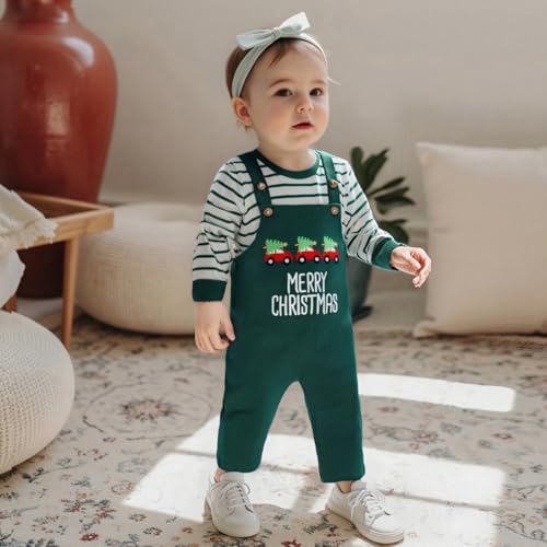 MERSARIPHY Toddler Baby Boys Halloween Outfits Stripe Shirt Sweatshirt + Overalls Little Pumpkin Boo Fall Winter Clothes Set (Green Merry Christmas, 18-24 Months) - Image 2