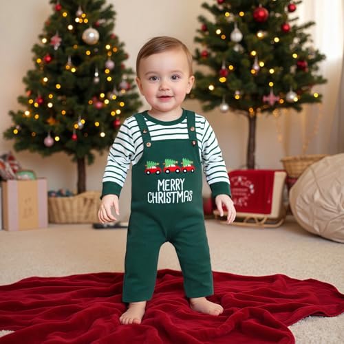 MERSARIPHY Toddler Baby Boys Halloween Outfits Stripe Shirt Sweatshirt + Overalls Little Pumpkin Boo Fall Winter Clothes Set (Green Merry Christmas, 18-24 Months) - Image 3