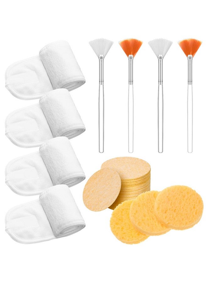 Skyley 4 Pcs Spa Facial Headband Makeup Head Wrap Adjustable Towel With 30 Pcs Compressed Facial Sponges 4 Pcs Facial Mask Fan Brushes For Facial Esthetician Supplies (Yellow White Orange) - Image 2