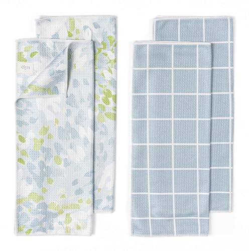 ELYN Microfiber Kitchen Dish Towel Set, Quick-Dry & Absorbent Waffle Weave Cleaning Towels, Set of 4 Kitchen Towels, Paper Towels Alternative (Painterly Floral & Grid) - Image 1