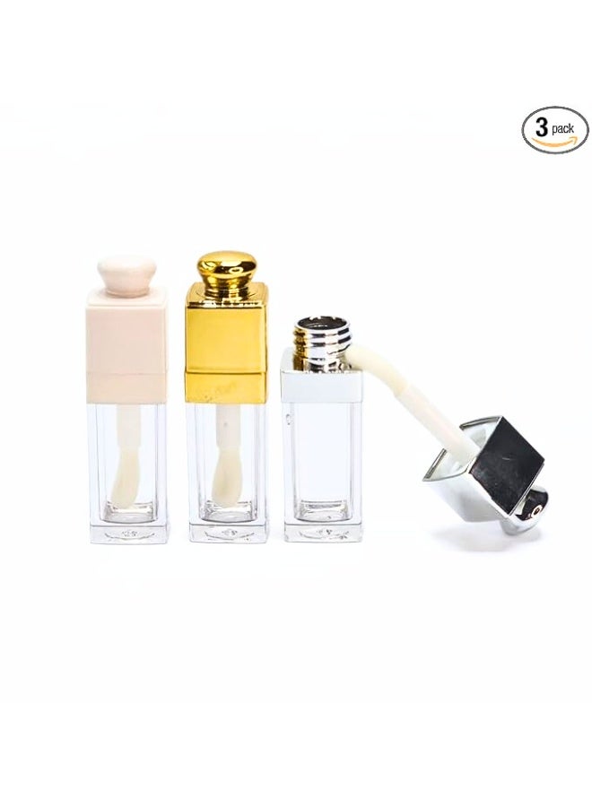 3 عبوات فارغة لملمع الشفاه – سعة 6 مل – حاويات فاخرة قابلة لإعادة التعبئة مستوحاة من التصاميم الراقية ابيض وفضي ودهبي