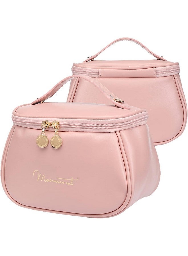 MANIBAM IMPEX Travel Makeup Bag Large Capacity Cosmetic Bag with Compartment, Handle, Zipper, Brush Holder Waterproof PU Leather Cute Medium Makeup Pouch for Women and Girl(PINK) - Image 1