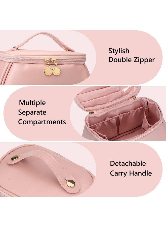 MANIBAM IMPEX Travel Makeup Bag Large Capacity Cosmetic Bag with Compartment, Handle, Zipper, Brush Holder Waterproof PU Leather Cute Medium Makeup Pouch for Women and Girl(PINK) - Image 3