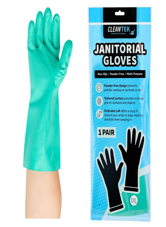 Restaurantware-Clean Tek Professional 15 Mil XXL Cleaning Gloves, 1 Pair Of Long Cuff Gloves - Flock Lining, No-Powder, Green Nitrile Chemical Tolerant Gloves, No-Latex, Heavy-Duty Tasks - Image 1