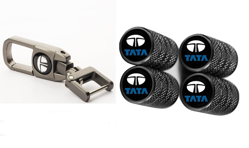 Contacts Heavy Duty Stainless Steel Key Chain Compatible for Tigor Tiago EV Altroz Punch Safari Harrier Nexon Tata With 4 Pcs Valve Cap (Combo)… - Image 1