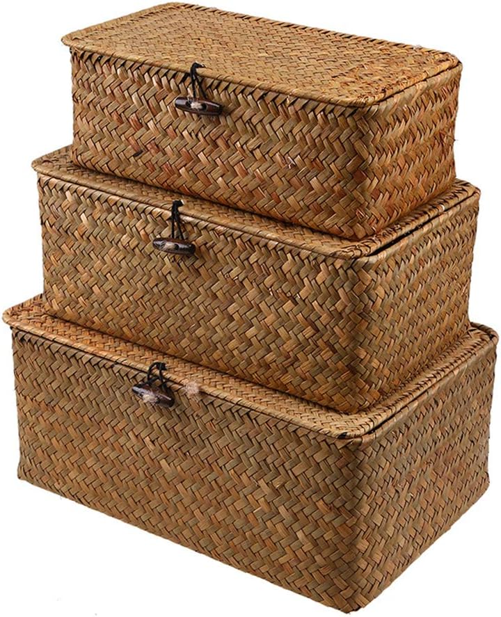 Esoes Wicker Storage Basket Woven Rattan Storage Box With Lids Seagrass Laundry Baskets Makeup Organizer For Bathroom, Living Room, Kitchen (S+M+L) - Image 1