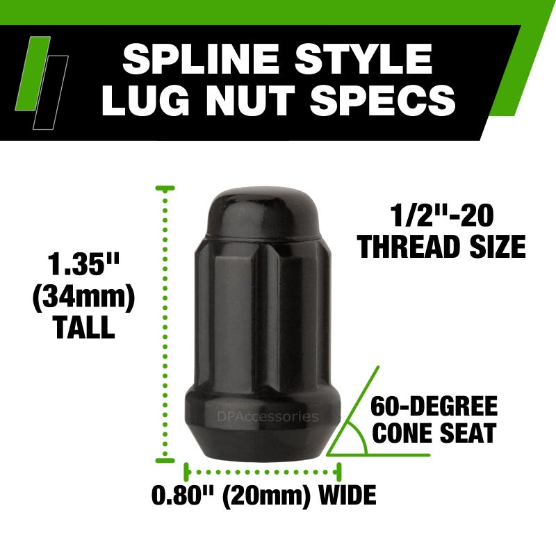 DPAccessories Black 1/2-20 Lug Nuts for Aftermarket Wheels - Closed End Spline Tuner - 34mm (1.35") Tall - Set of 23 - D5242P-2308/23 - Image 3