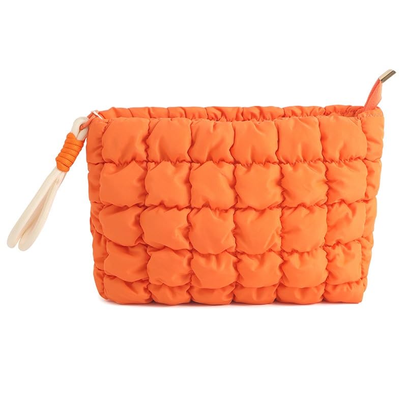 DOB SECHS Puffer Quilted Makeup Bag with Handle, Cute Puffy Cotton Cosmetic Bags for Women, Mini Checkered Toiletry Zipper Pouch, Travel Essentials Storage Organizer Clutch Pouches Pencil Case, Orange - Image 1