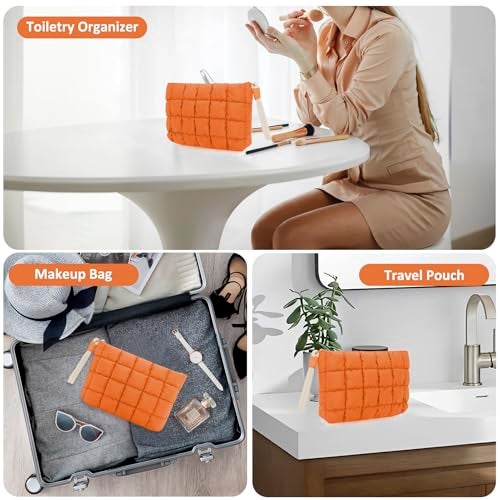 DOB SECHS Puffer Quilted Makeup Bag with Handle, Cute Puffy Cotton Cosmetic Bags for Women, Mini Checkered Toiletry Zipper Pouch, Travel Essentials Storage Organizer Clutch Pouches Pencil Case, Orange - Image 4