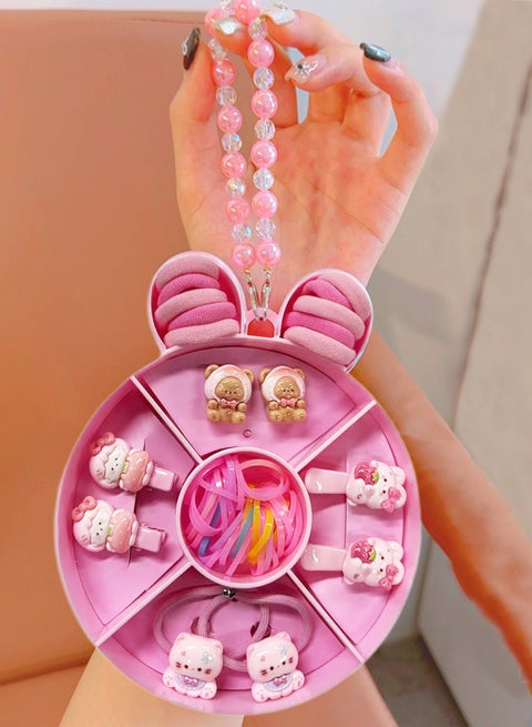 إكسسوارات شعر للأطفال - مجموعة أنيقة مع علبة هدايا على شكل أرنب لبنات - مجموعة إكسسوارات شعر بنات تتضمن مشابك شعر كرتونية وردية، ربطة شعر حيوانات ملونة، وكلابات أذن آمنة - هدايا مثالية للبنات الصغيرات هدايا رمضان للأطفال