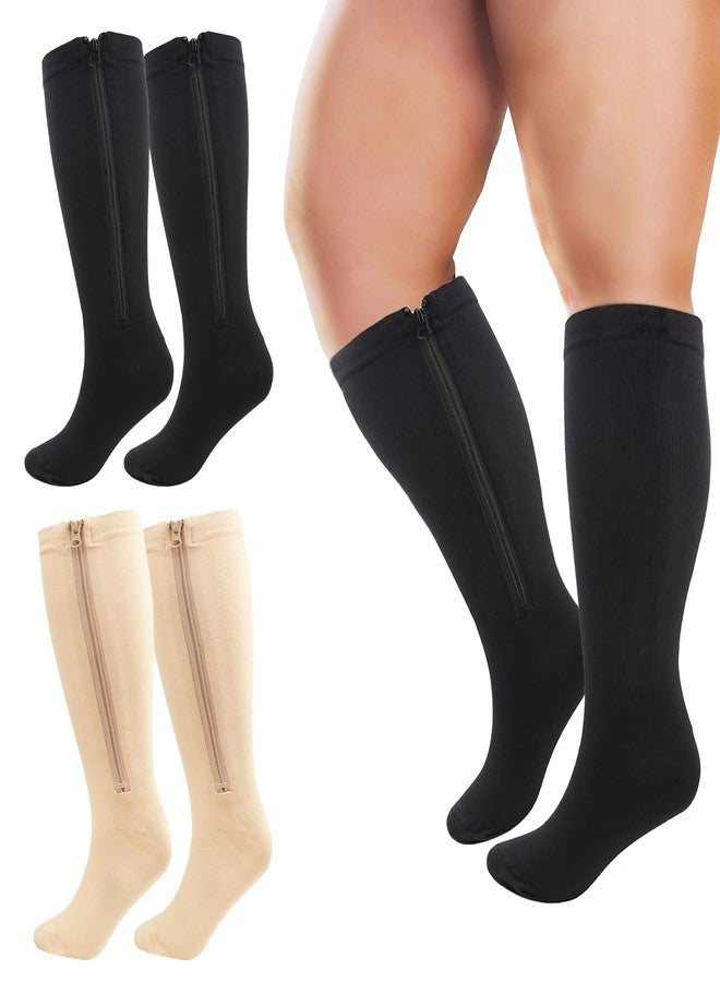 MEJORMEN 2 Pairs Plus size Zipper Compression Socks 15-25 mmHg Calf Knee High Closed Toe Compression Stockings for Overweight Women Men - Image 1