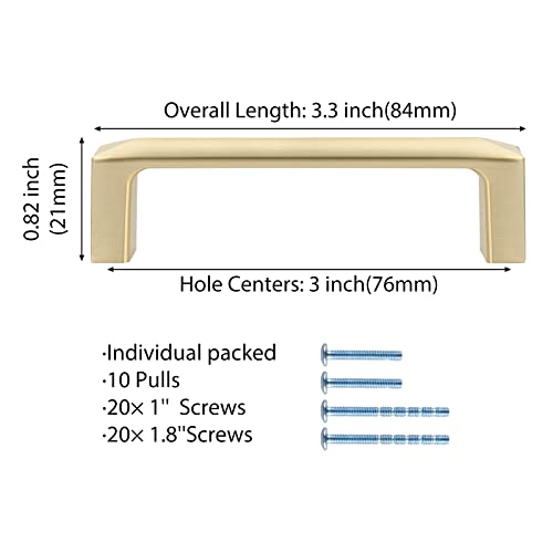 Haidms 10 Pack Gold Cabinet Handles 3 Inch(76mm) Hole Center Soild Zinc Alloy Brushed Gold Cabinet Pulls Kitchen Drawer Pulls Cupboard Hardware for Kitchen - Image 3