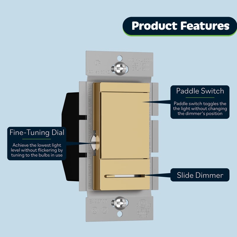 TOPGREENER Dimmer Switch with Light Adjustment Slider, Single Pole or 3 Way, 150W LED, 600W Incandescent/Halogen, 120V 60Hz, UL Listed, TGDMDS-120-GD, Gold - Image 2