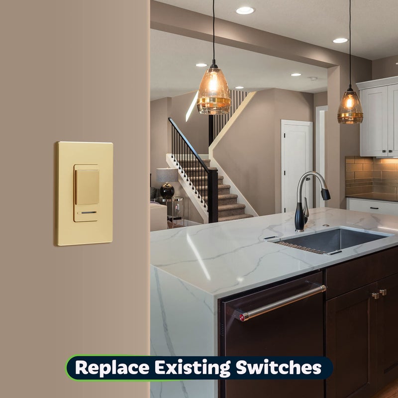 TOPGREENER Dimmer Switch with Light Adjustment Slider, Single Pole or 3 Way, 150W LED, 600W Incandescent/Halogen, 120V 60Hz, UL Listed, TGDMDS-120-GD, Gold - Image 5