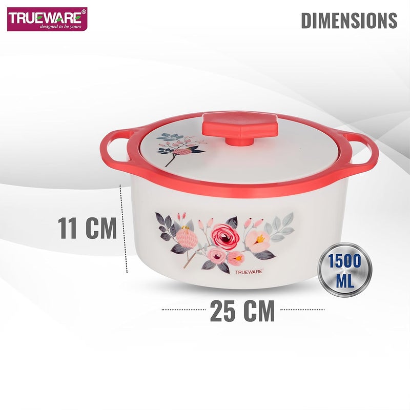 Trueware Trueware Floraa Casserole 1500 ML Thermoware Casserole BPA Free Inner Steel Outer Plastic PU Insulated BPA Free Food Grade Ideal for Chapatti Roti Curd Maker Hot Pot Red  - Image 2
