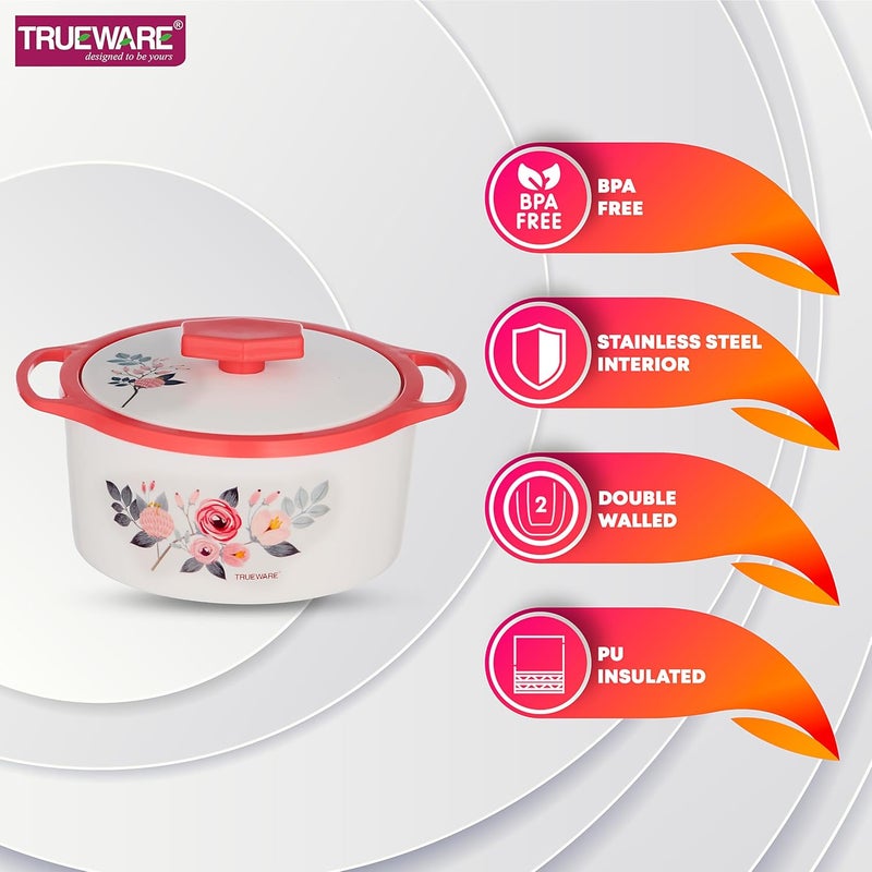 Trueware Trueware Floraa Casserole 1500 ML Thermoware Casserole BPA Free Inner Steel Outer Plastic PU Insulated BPA Free Food Grade Ideal for Chapatti Roti Curd Maker Hot Pot Red  - Image 3