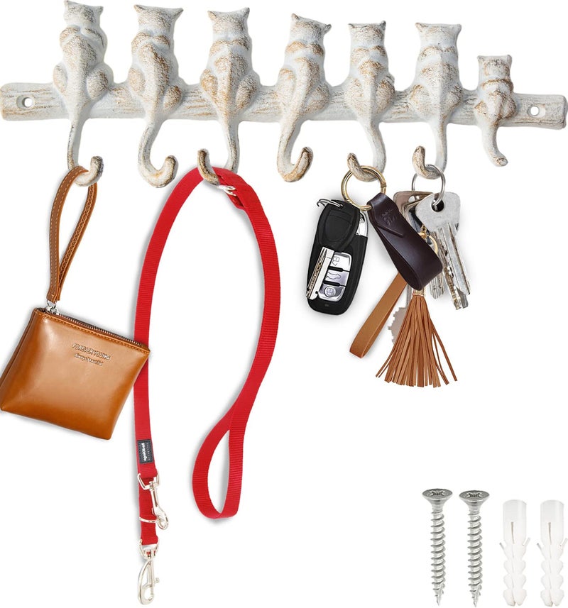 Comfify 7 Cats Wall Hook Rack Decorative Vintage Design with 7 Hooks Cast Iron Wall Mounted 12x4 White