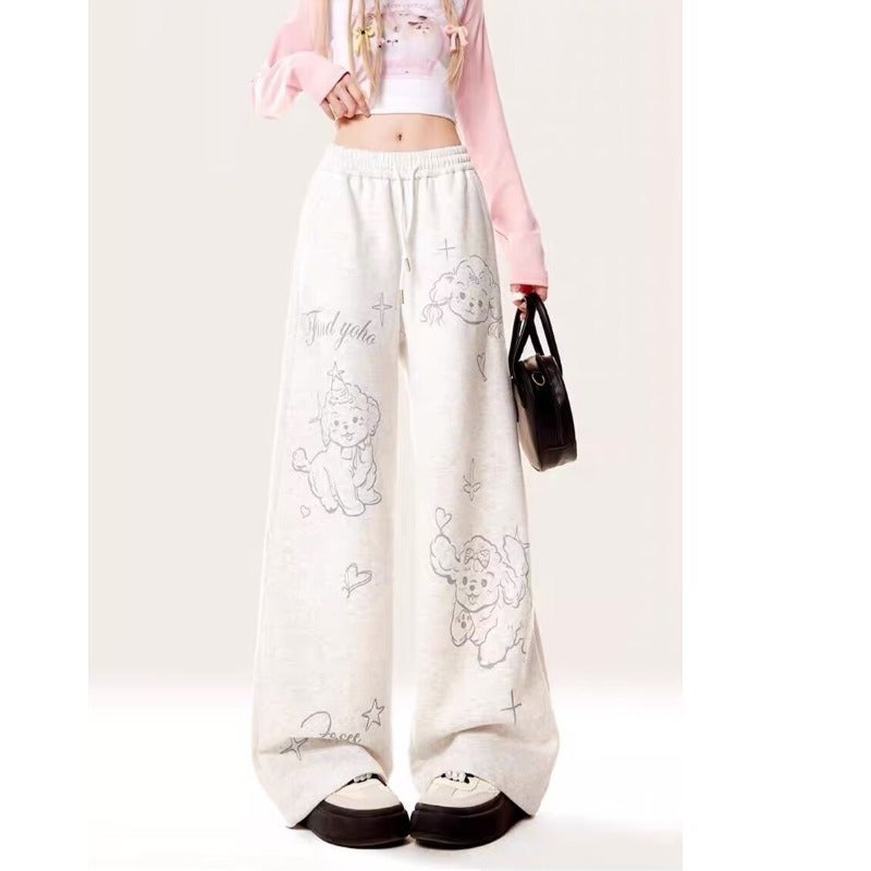 Amazon Cross-border Special Printed Wide Leg Pants Womens Spring and Autumn New Straight Loose Casual Sports Grey Pants white gray