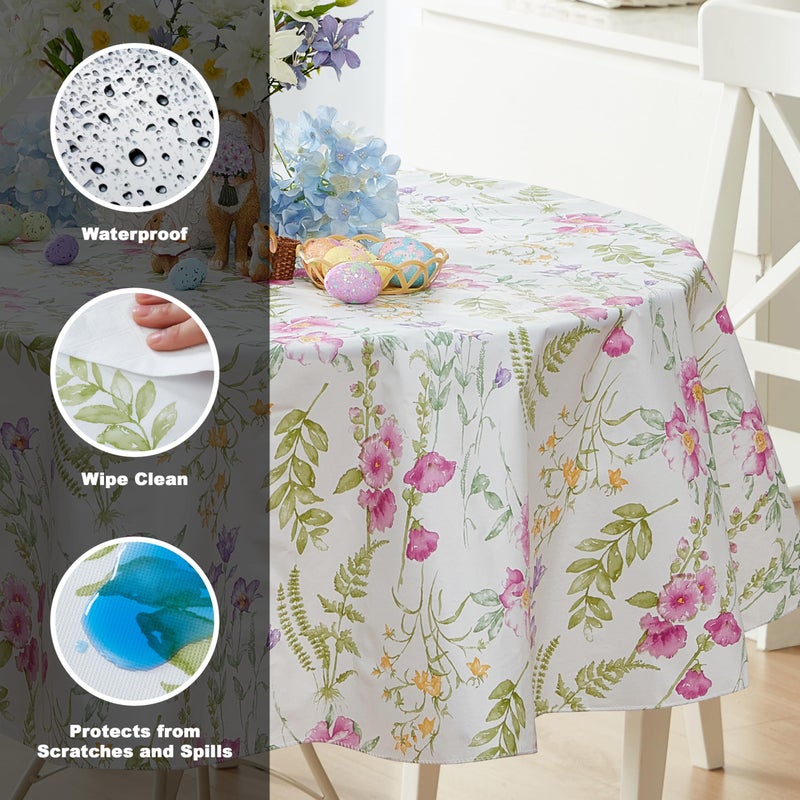Newbridge Easter Wildflower Fields Floral Vinyl Flannel Backed Tablecloth, 70 Inch Round, Pink and Purple Wild Flowers Easy Care Vinyl Tablecloth with Flannel Backing for Holiday Party - Image 3