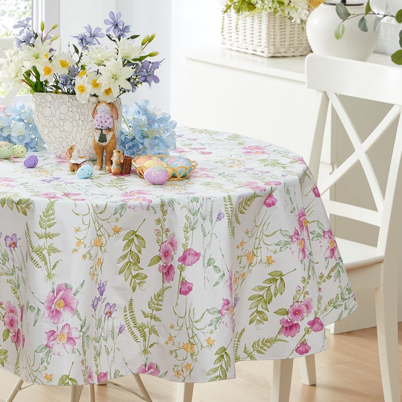 Newbridge Easter Wildflower Fields Floral Vinyl Flannel Backed Tablecloth, 70 Inch Round, Pink and Purple Wild Flowers Easy Care Vinyl Tablecloth with Flannel Backing for Holiday Party - Image 5