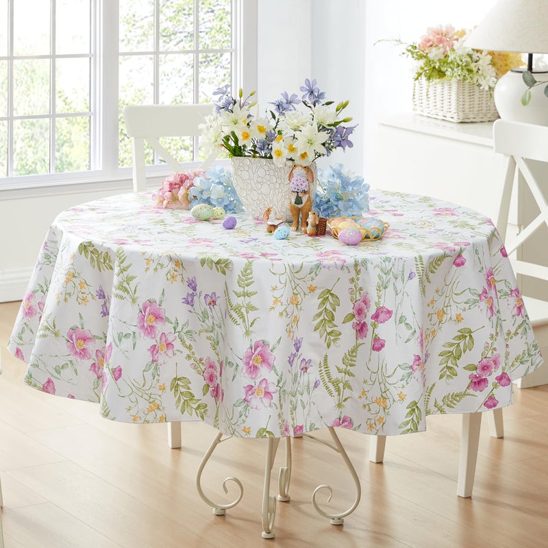 Newbridge Easter Wildflower Fields Floral Vinyl Flannel Backed Tablecloth, 70 Inch Round, Pink and Purple Wild Flowers Easy Care Vinyl Tablecloth with Flannel Backing for Holiday Party - Image 1