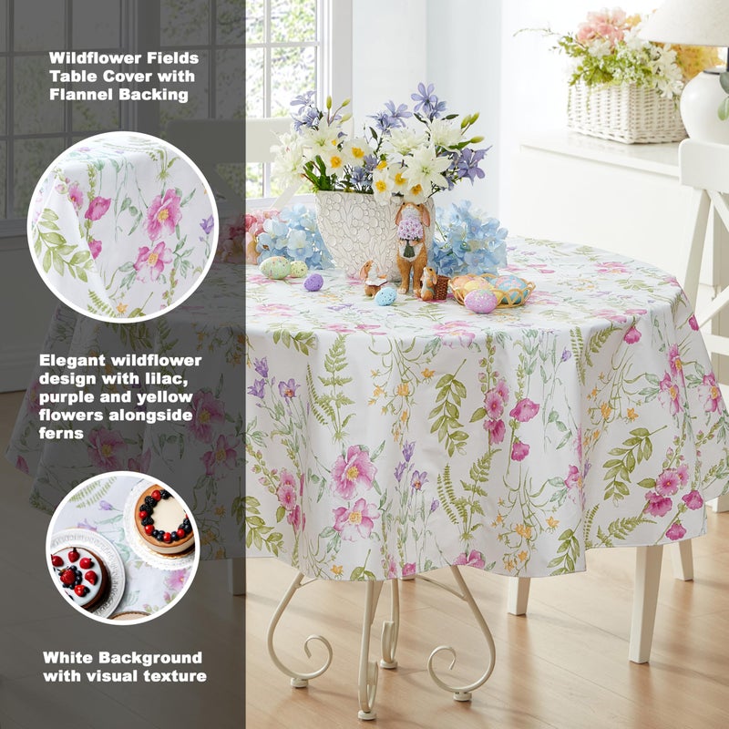 Newbridge Easter Wildflower Fields Floral Vinyl Flannel Backed Tablecloth, 70 Inch Round, Pink and Purple Wild Flowers Easy Care Vinyl Tablecloth with Flannel Backing for Holiday Party - Image 2