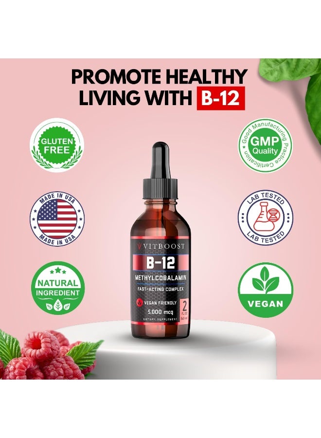 VitBoost Vegan Liquid B-12 Drops – 60 x 5000 mcg Extra Strength Raspberry Flavored Vitamin B12 Liquid Methylcobalamin sublingual Supplement - Image 4
