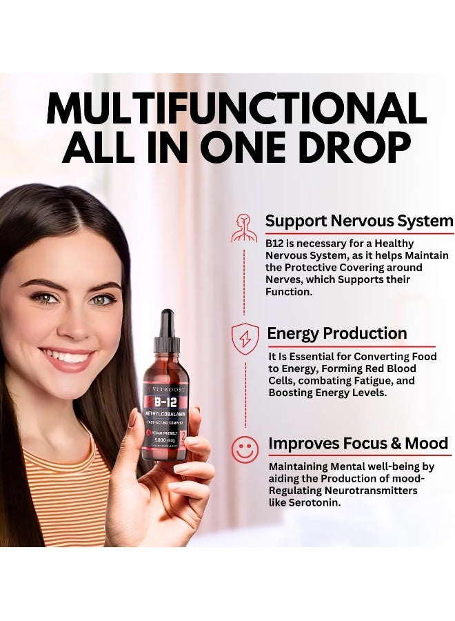 VitBoost Vegan Liquid B-12 Drops – 60 x 5000 mcg Extra Strength Raspberry Flavored Vitamin B12 Liquid Methylcobalamin sublingual Supplement - Image 3