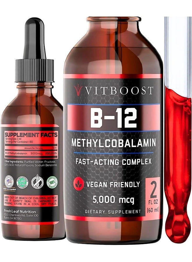 VitBoost Vegan Liquid B-12 Drops – 60 x 5000 mcg Extra Strength Raspberry Flavored Vitamin B12 Liquid Methylcobalamin sublingual Supplement - Image 1