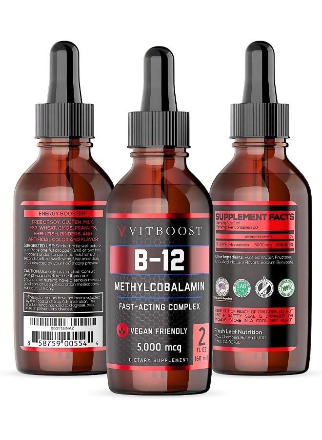 VitBoost Vegan Liquid B-12 Drops – 60 x 5000 mcg Extra Strength Raspberry Flavored Vitamin B12 Liquid Methylcobalamin sublingual Supplement - Image 2