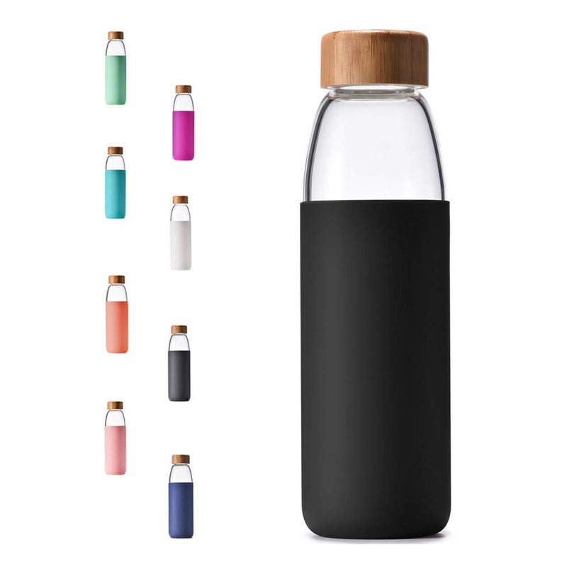 veegoal 18 Oz Borosilicate Glass Water Bottles with Bamboo Lid BPAFREE NonSlip Silicone Sleeve and Stainless Steel Leak Proof Lid  Reusable Glass Bottle for Men and Women
