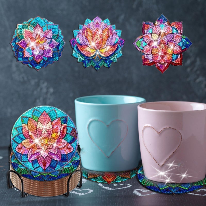 Demonwer 8 Pieces Lotus Diamond Painting Coasters with Holder DIY Cute Lotus Diamond Art Coasters 5d Lotus Diamond Coasters with Cork Pads for Beginners Adults for Christmas Holidays Gift - Image 5
