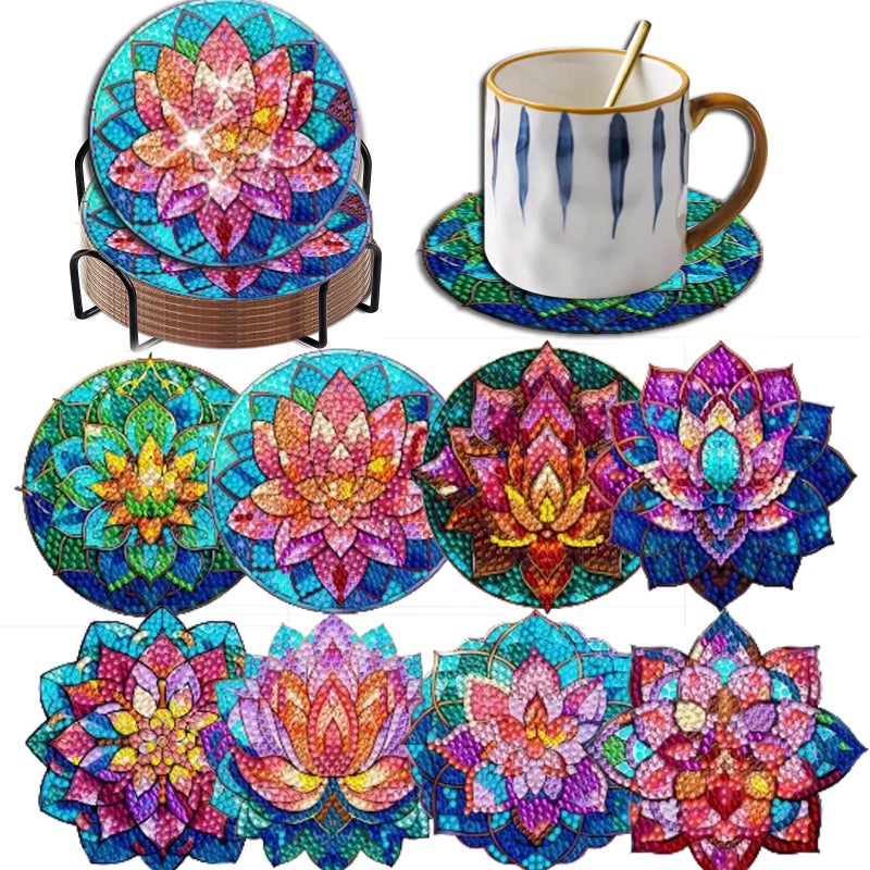 Demonwer 8 Pieces Lotus Diamond Painting Coasters with Holder DIY Cute Lotus Diamond Art Coasters 5d Lotus Diamond Coasters with Cork Pads for Beginners Adults for Christmas Holidays Gift - Image 1