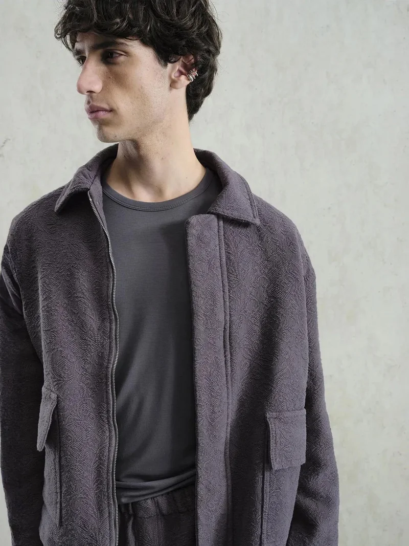 Giesto Grey GIESTO Textured Cotton Jacket with Zipper Closure for Men | Best Price UAE