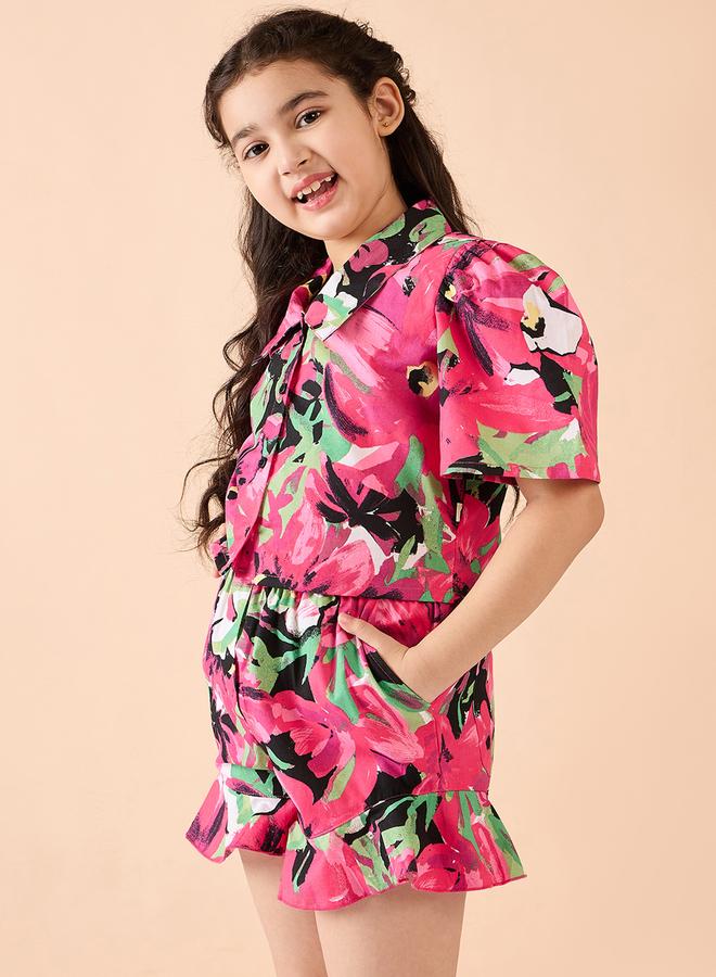 Stylo Bug Girls Pink Floral Print Shirt And Shorts Set - Image 2