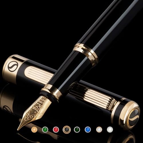 Scriveiner Luxury Fountain Pen - Stunning Black Lacquer Pen, Real Gold Finish, Schmidt Gilded Nib (Fine), Converter, Best Pen Gift Set for Men & Women, Professional, Executive, Office, Nice Pens - Image 1