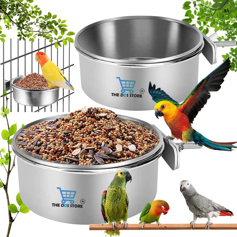 THE DDS STORE 2 Pack Bird Feeding Dish Cups, Parrot Food Bowl Clamp Holder - Stainless Steel Coop Cup, Bird Cage Water Bowl for Parakeet African Greys Conure Cockatiels Lovebird Budgie Chinchilla (150 ML X 2) - Image 1