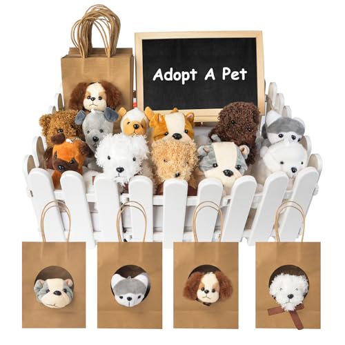 letesult 36Pcs Adopt A Puppy Party Favors Mini Stuffed Animals Adopt A Dog Set Includes 12 Stuffed Dogs 12 Kraft Paper Bags 10 White Plastic Fence Mini Chalkboard Chalk Marker for Adopt A Pet Party - Image 1