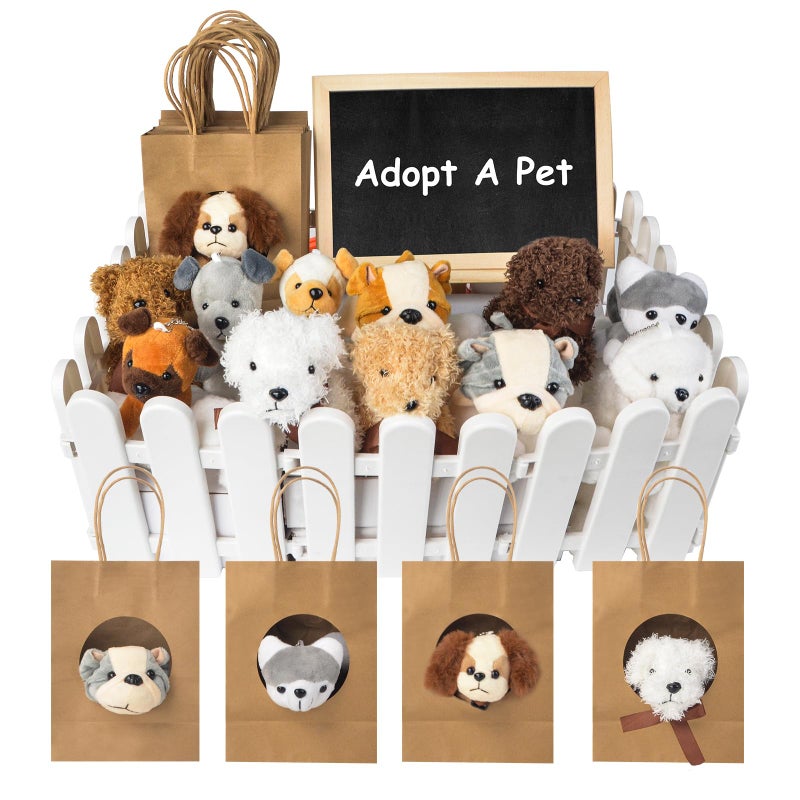 letesult 36Pcs Adopt A Puppy Party Favors Mini Stuffed Animals Adopt A Dog Set Includes 12 Stuffed Dogs 12 Kraft Paper Bags 10 White Plastic Fence Mini Chalkboard Chalk Marker for Adopt A Pet Party - Image 2