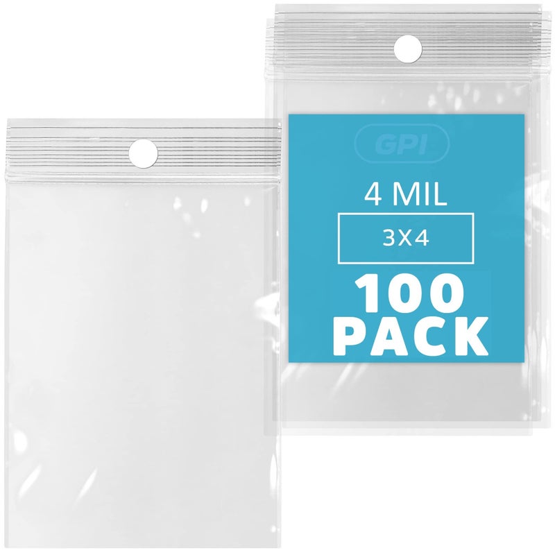GPI POLY GPI - 3" X 4" Clear Plastic Zip Bags, 100 Count, Heavy-Duty 4 Mil Thick Durable Poly Baggies With Resealable Zipper Lock, Hang-Hole For Display. - Image 1