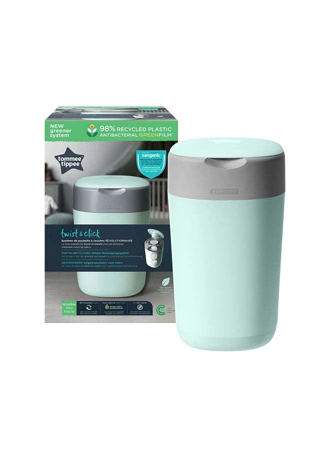tommee tippee Twist And Click Advanced Nappy Bin, Eco-Friendlier System, Includes 1x Refill Cassette With Sustainably Sourced Antibacterial Greenfilm, Green - Image 1